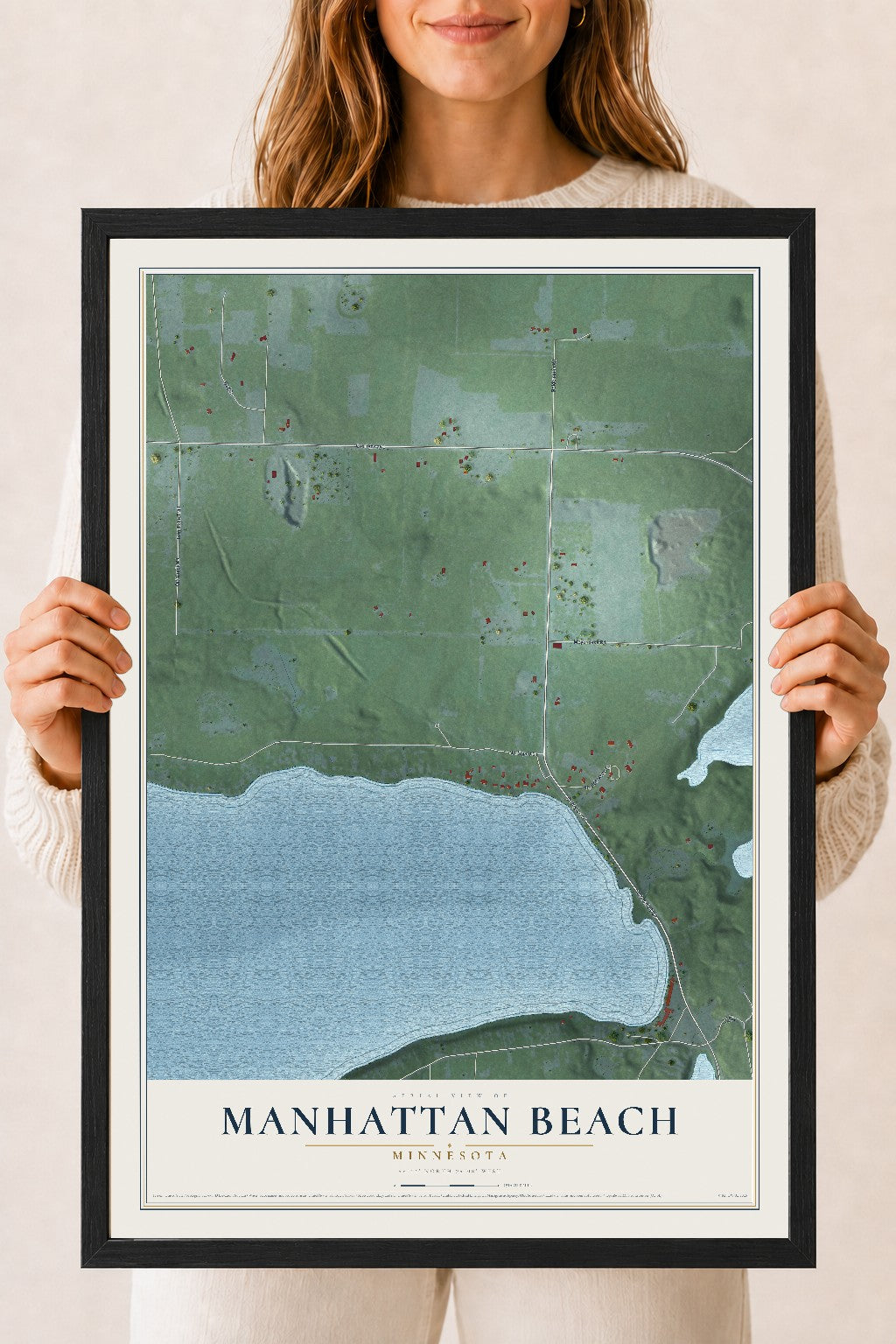 Map of Manhattan Beach, Minnesota, 18 x 24 inch print in a black wood frame