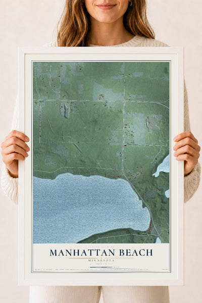 Map of Manhattan Beach, Minnesota, 18 x 24 inch print in a white wood frame