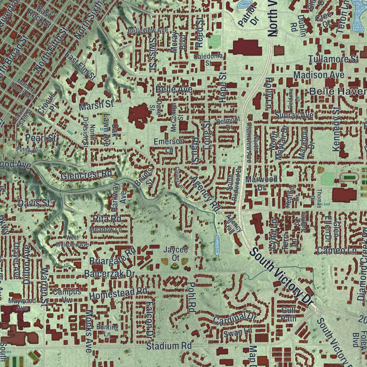 Close-up of the map of Mankato, Minnesota print showing street and building detail
