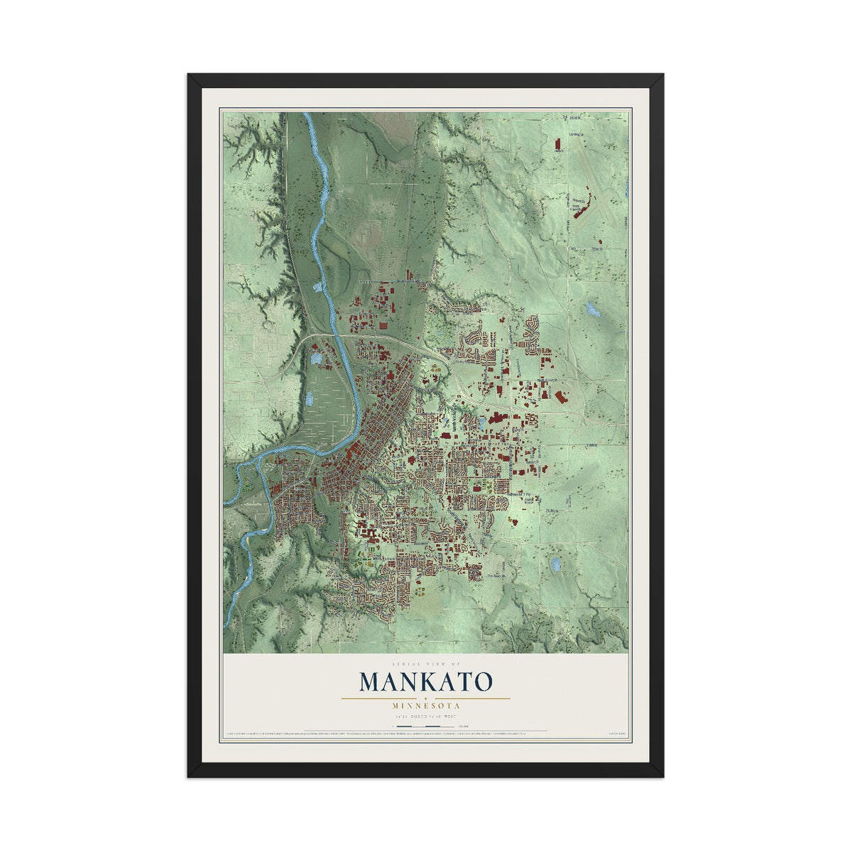 Map of Mankato, Minnesota, 12 x 18 inch print in a black wood frame