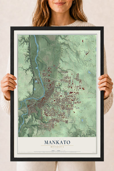 Map of Mankato, Minnesota, 18 x 24 inch print in a black wood frame