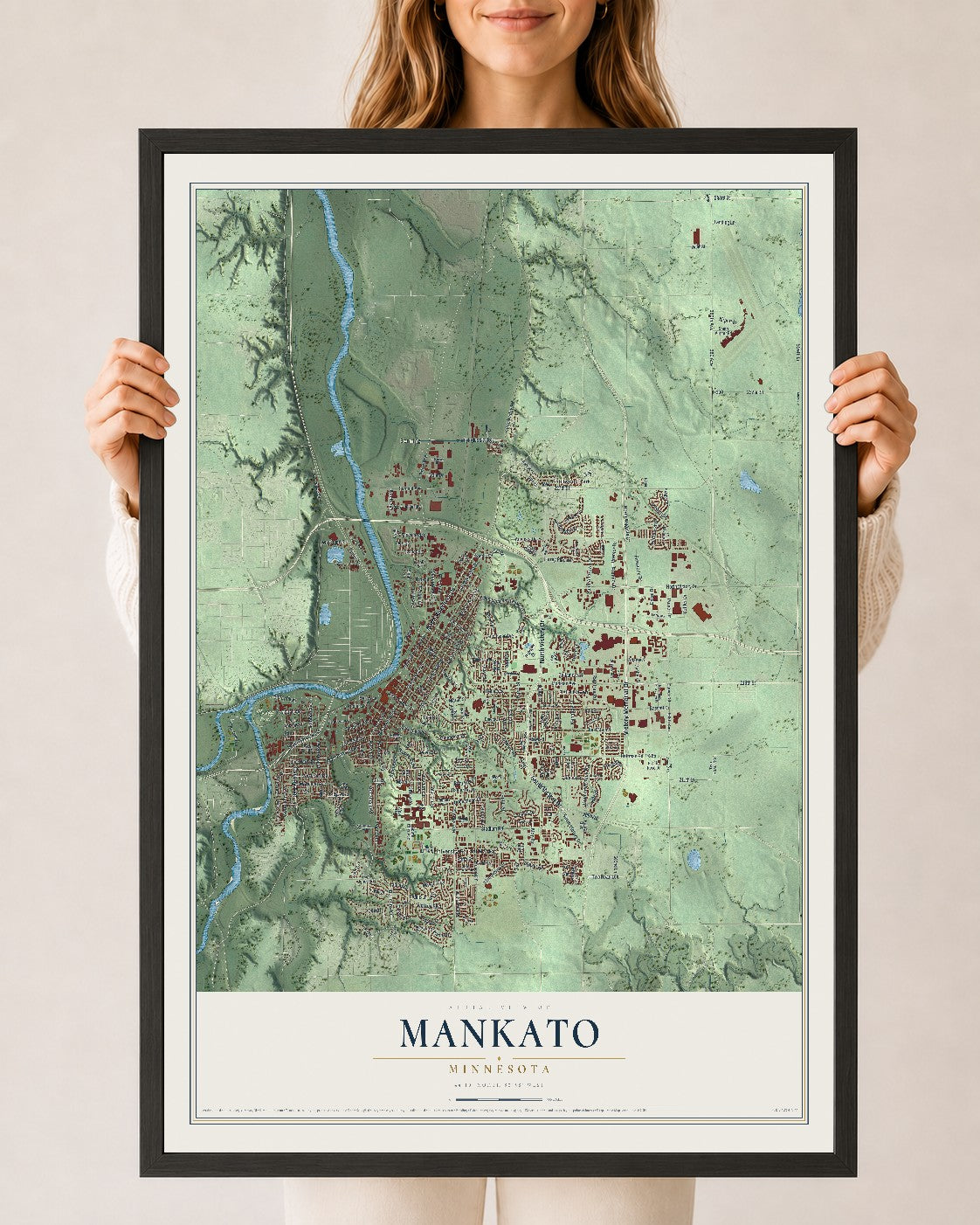 Map of Mankato, Minnesota, 24 x 36 inch print in a black wood frame