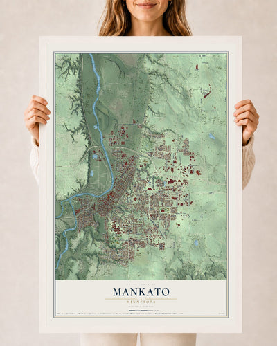 Map of Mankato, Minnesota, 24 x 36 inch print in a white wood frame