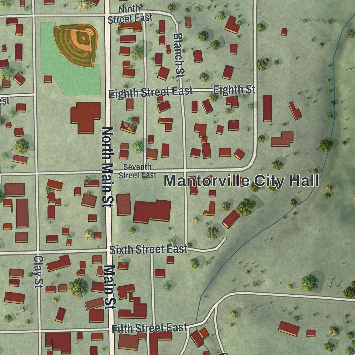 Close-up of the map of Mantorville, Minnesota print showing street and building detail