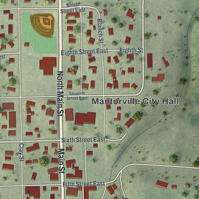 Close-up of the map of Mantorville, Minnesota print showing street and building detail