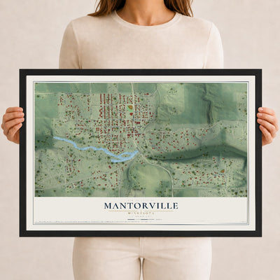 Map of Mantorville, Minnesota, 12 x 18 inch print in a black wood frame