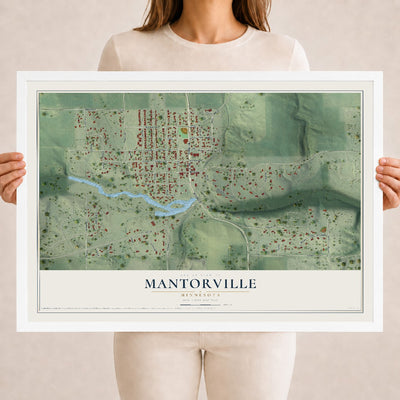 Map of Mantorville, Minnesota, 18 x 24 inch print in a white wood frame