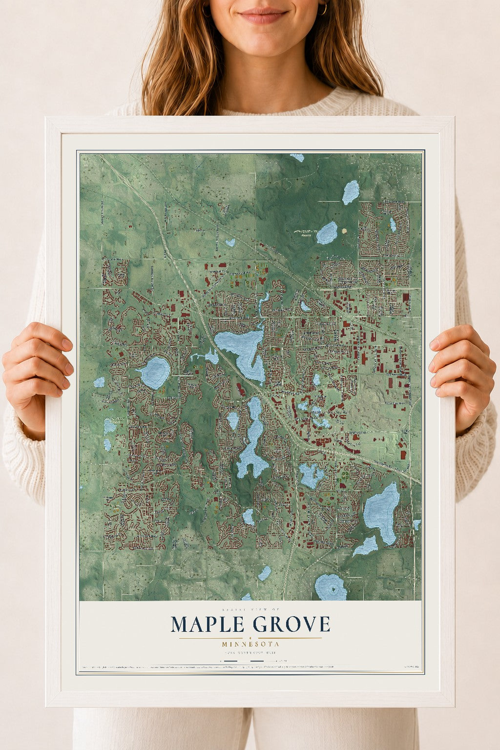 Map of Maple Grove, Minnesota, 18 x 24 inch print in a white wood frame