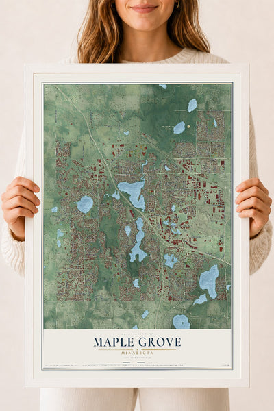 Map of Maple Grove, Minnesota, 18 x 24 inch print in a white wood frame