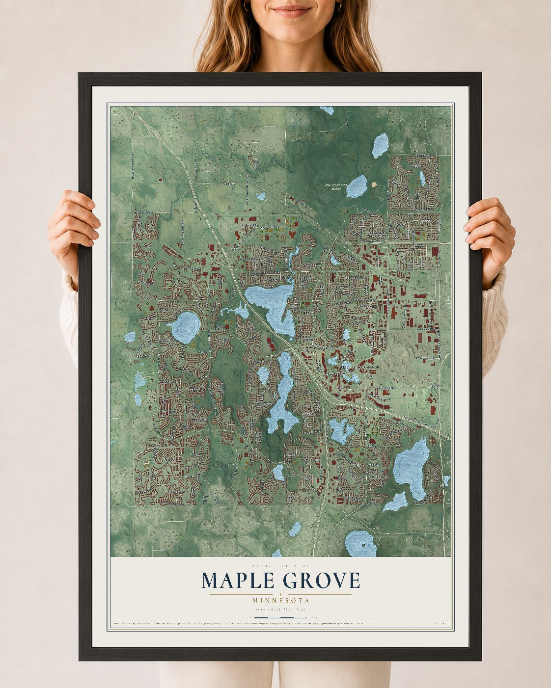 Map of Maple Grove, Minnesota, 24 x 36 inch print in a black wood frame