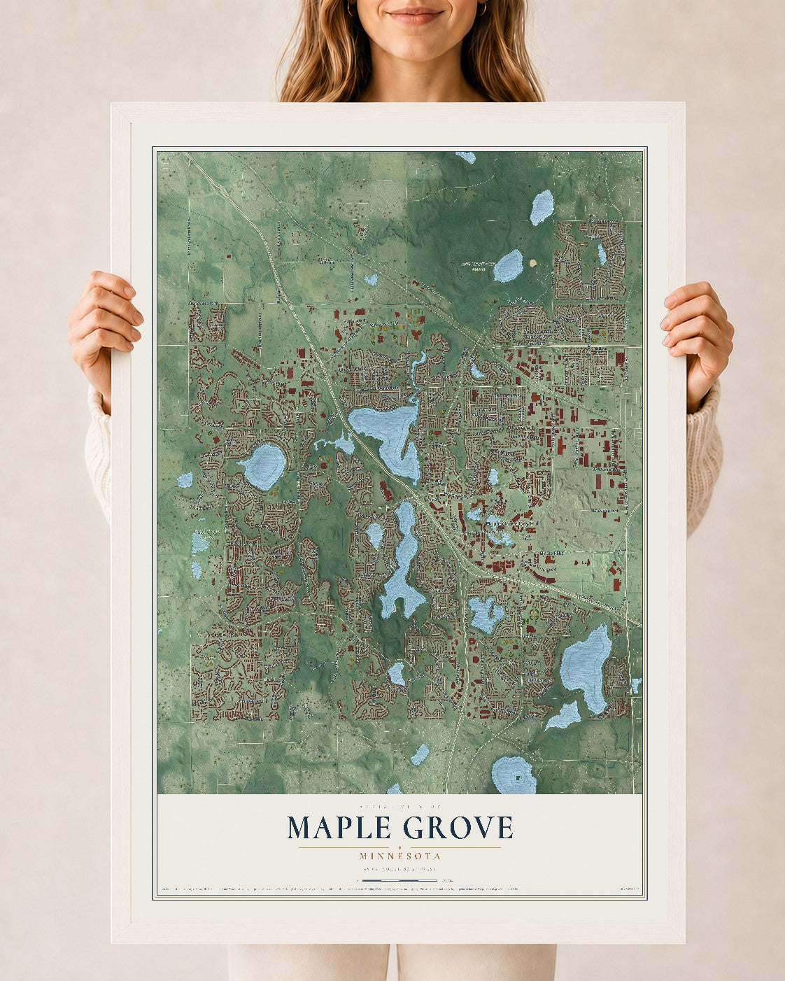 Map of Maple Grove, Minnesota, 24 x 36 inch print in a white wood frame
