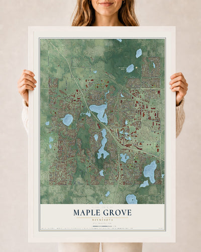 Map of Maple Grove, Minnesota, 24 x 36 inch print in a white wood frame