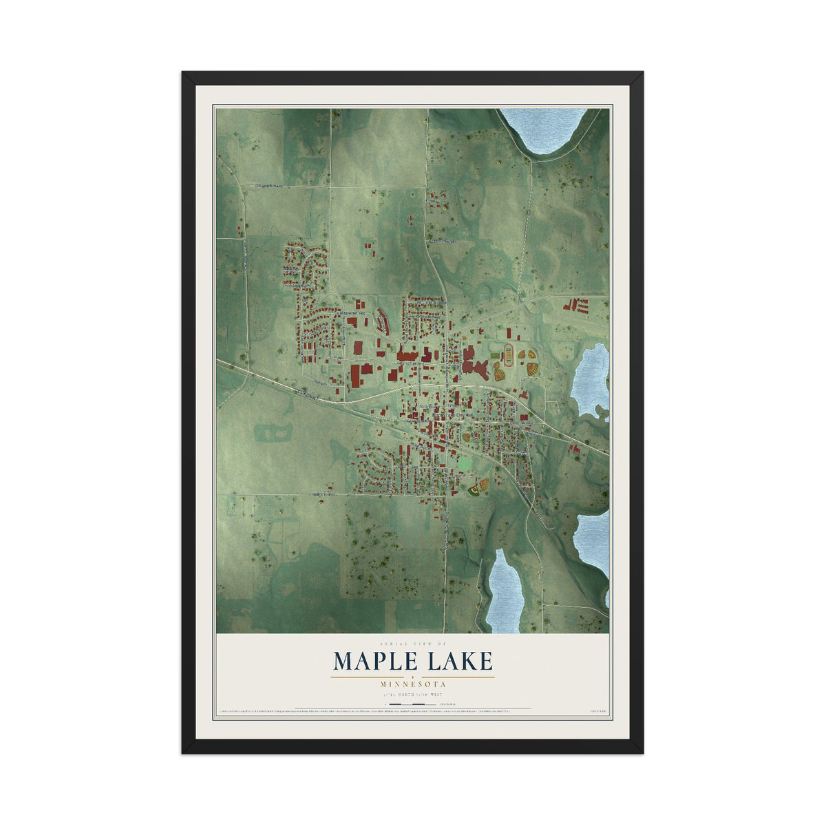 Map of Maple Lake, Minnesota, 12 x 18 inch print in a black wood frame