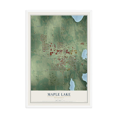 Map of Maple Lake, Minnesota, 12 x 18 inch print in a white wood frame