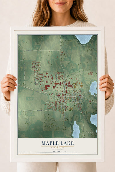 Map of Maple Lake, Minnesota, 18 x 24 inch print in a white wood frame