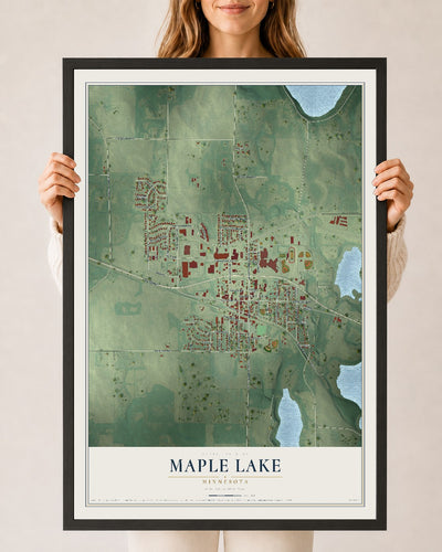 Map of Maple Lake, Minnesota, 24 x 36 inch print in a black wood frame