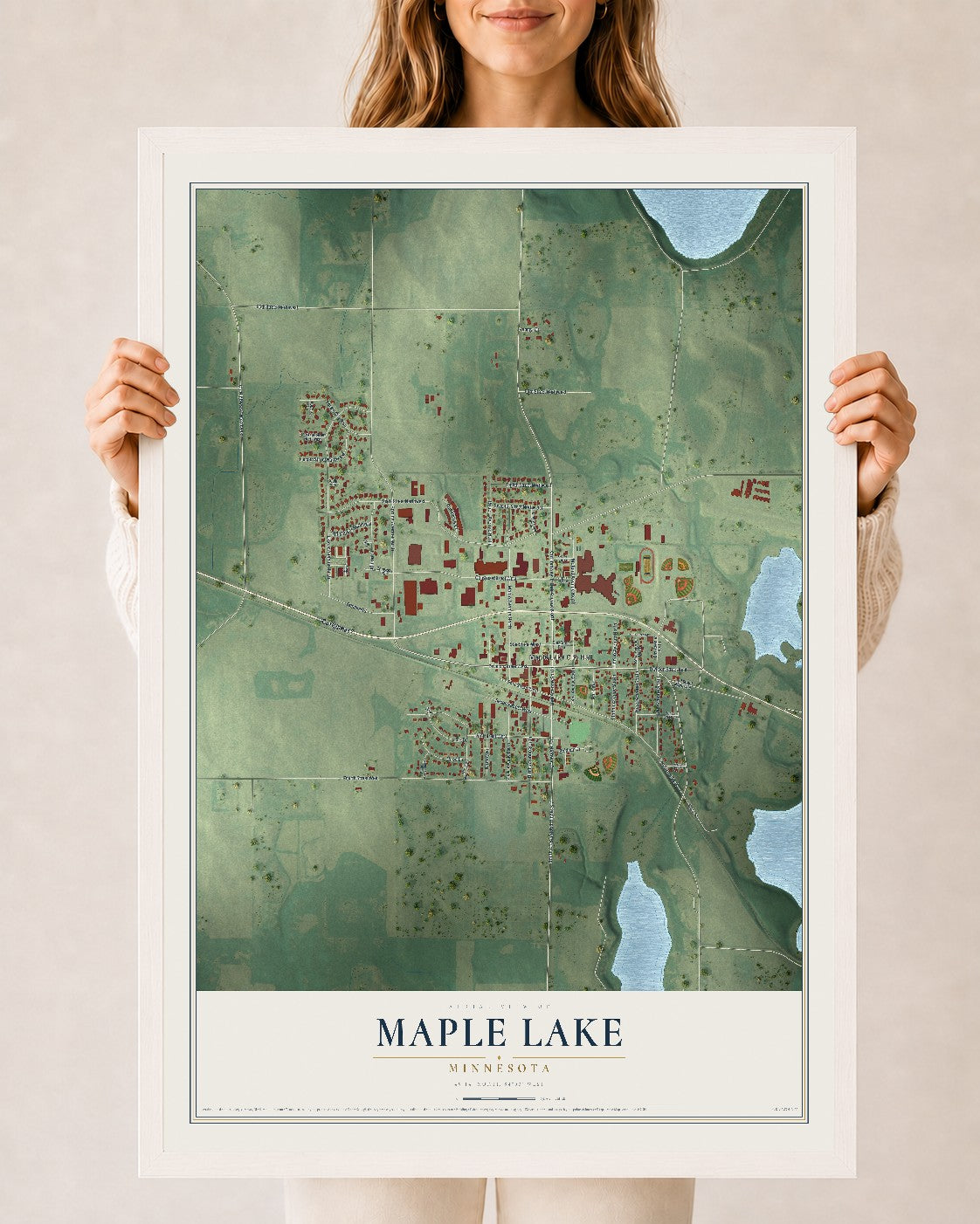 Map of Maple Lake, Minnesota, 24 x 36 inch print in a white wood frame