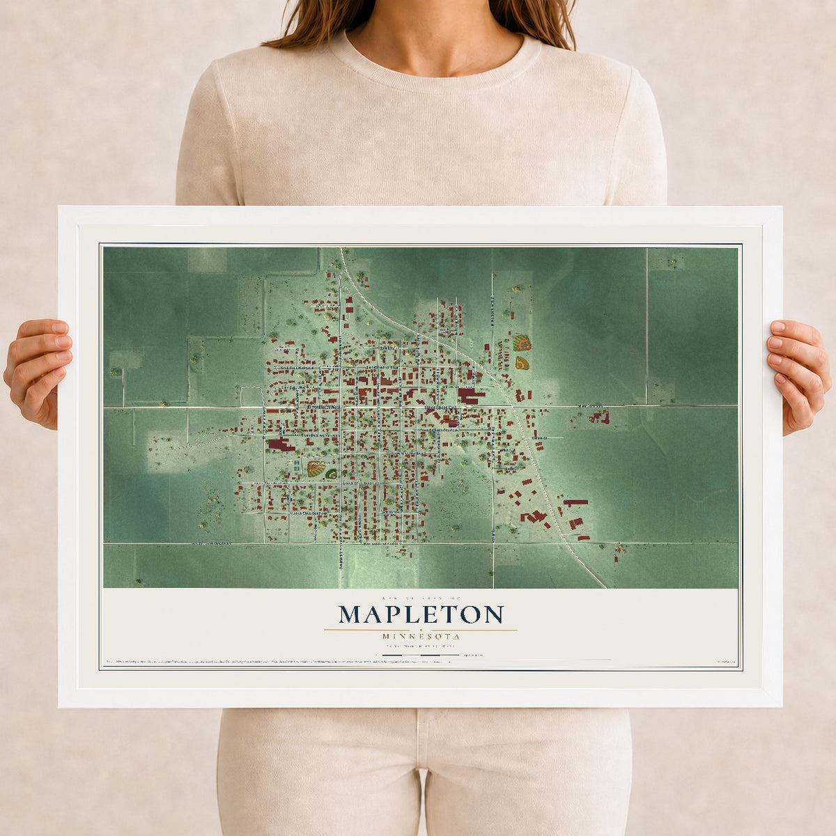 Map of Mapleton, Minnesota, 12 x 18 inch print in a white wood frame