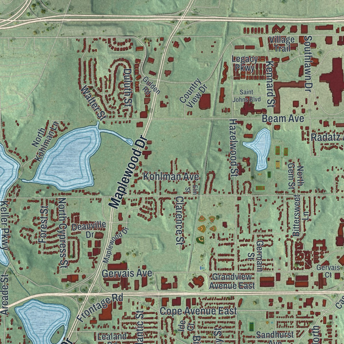 Close-up of the map of Maplewood, Minnesota print showing street and building detail