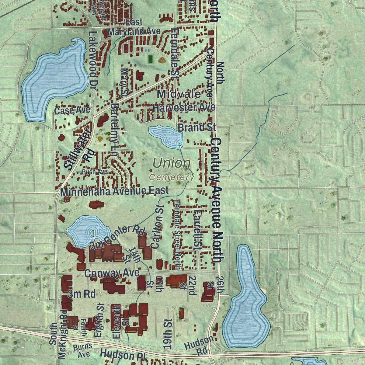 Second close-up of the map of Maplewood, Minnesota print showing more streets and buildings