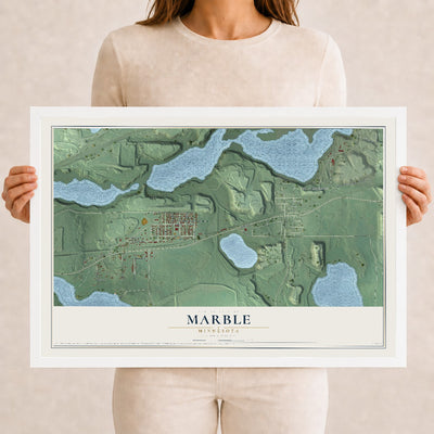 Map of Marble, Minnesota, 12 x 18 inch print in a white wood frame