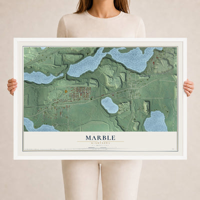 Map of Marble, Minnesota, 24 x 36 inch print in a white wood frame