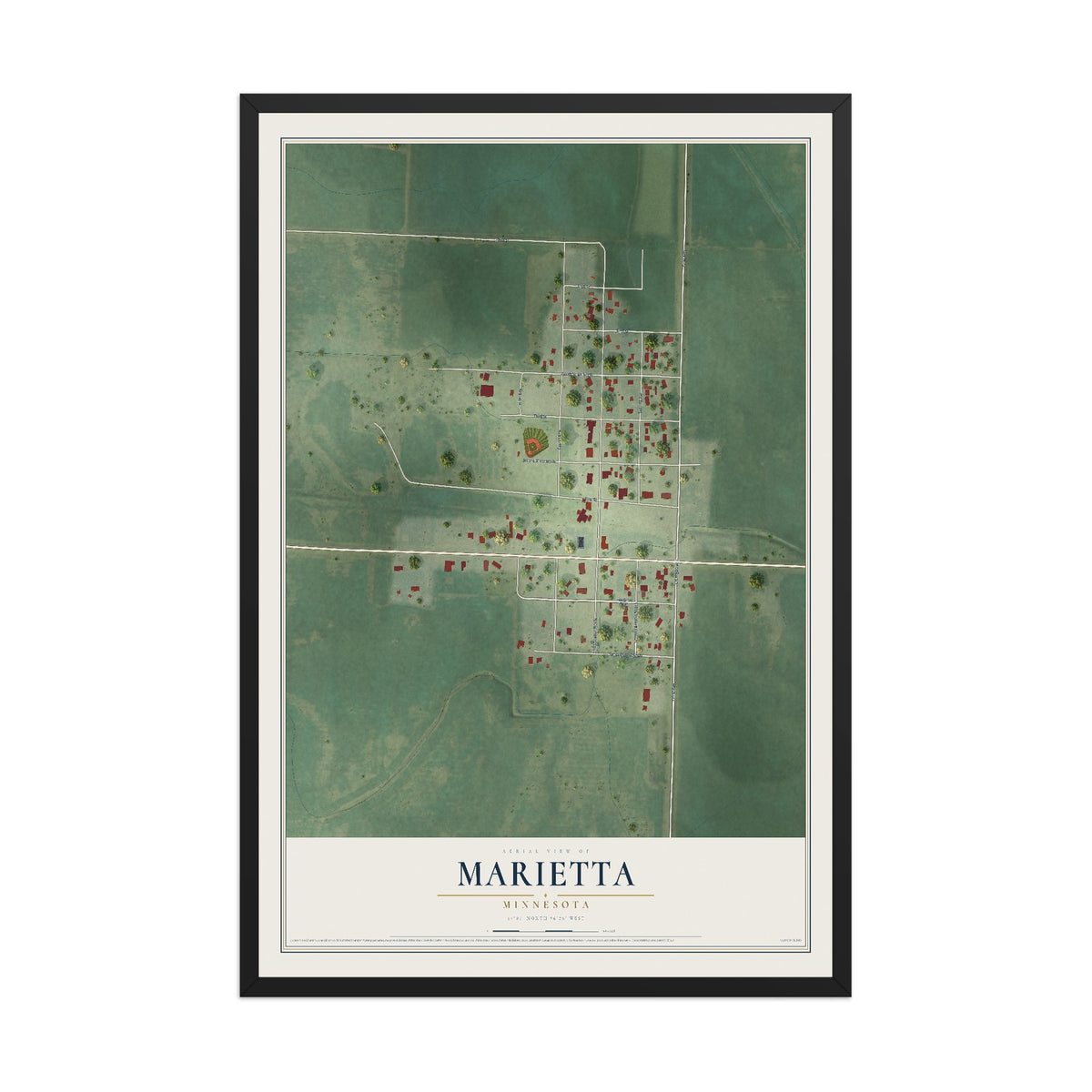 Map of Marietta, Minnesota, 12 x 18 inch print in a black wood frame
