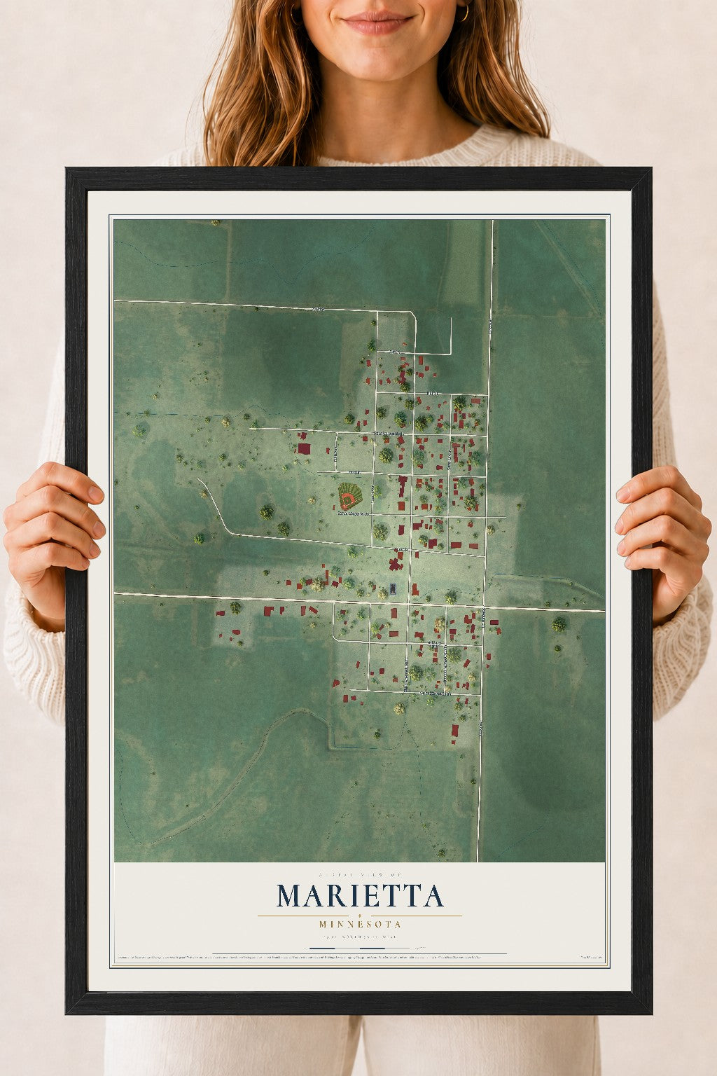 Map of Marietta, Minnesota, 18 x 24 inch print in a black wood frame