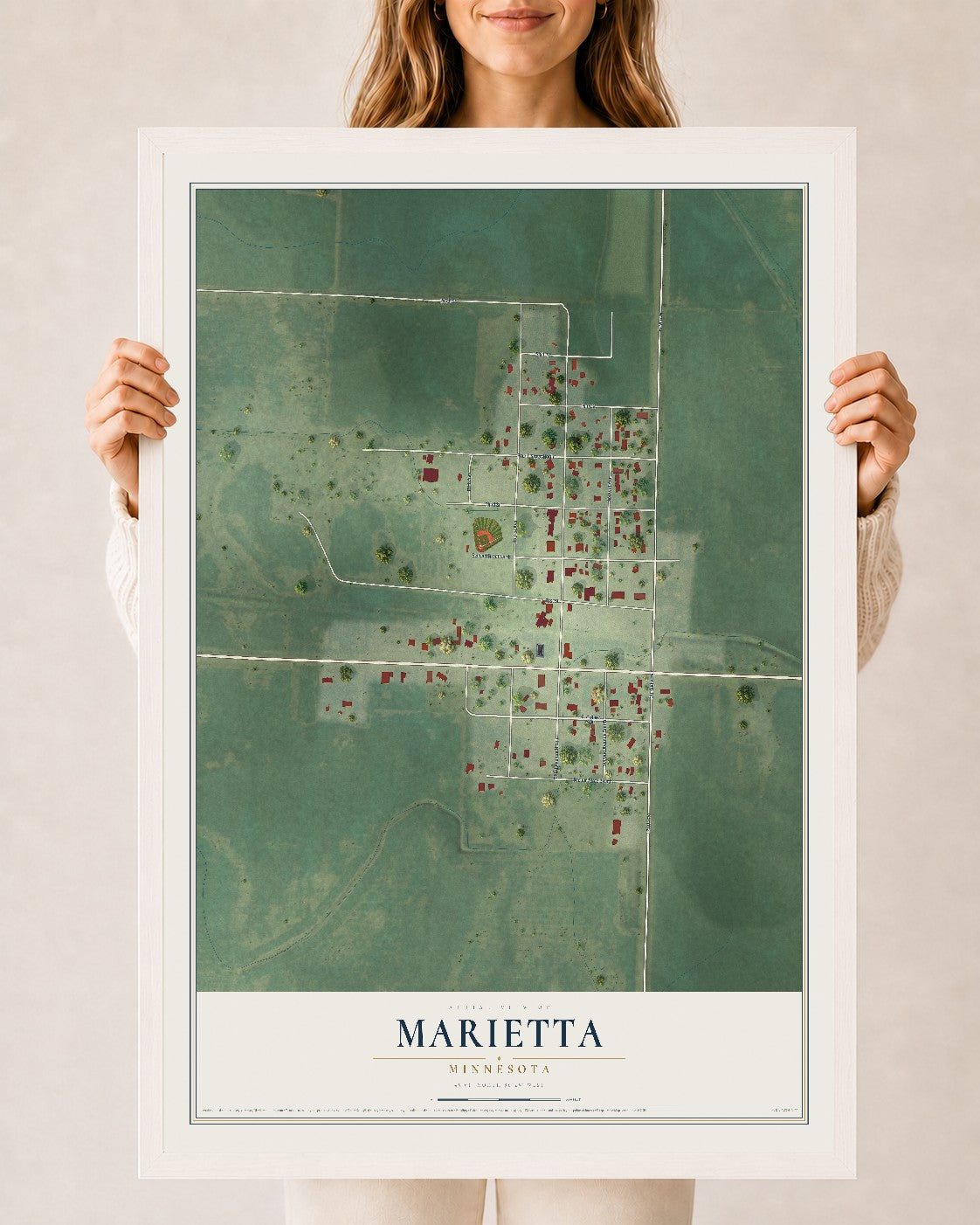 Map of Marietta, Minnesota, 24 x 36 inch print in a white wood frame