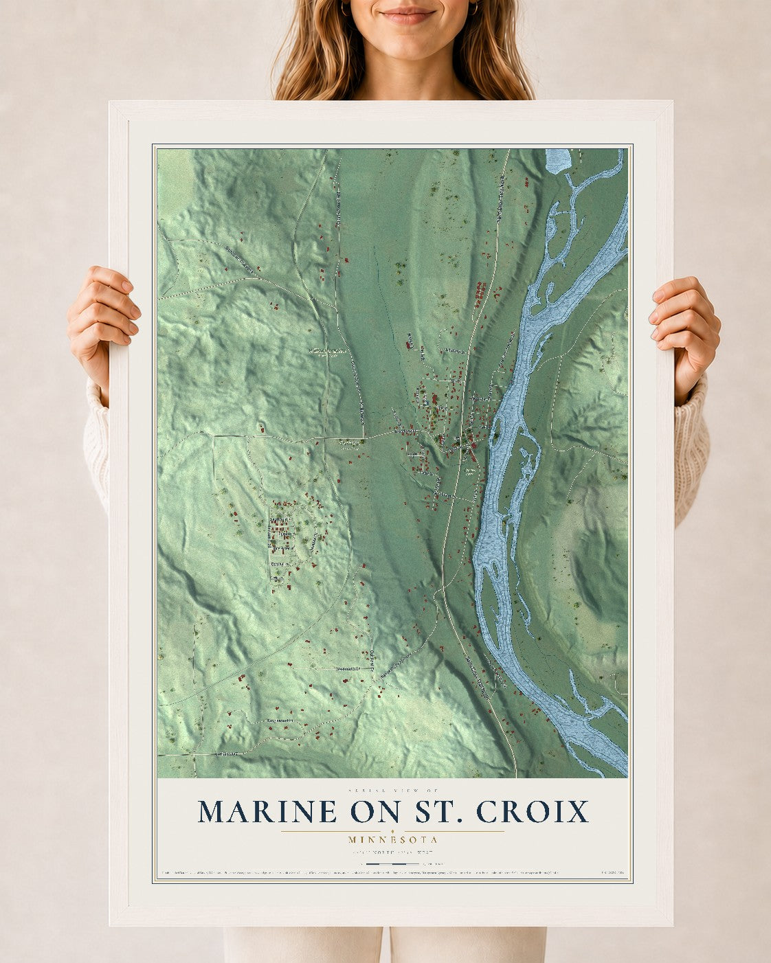 Map of Marine on St. Croix, Minnesota, 24 x 36 inch print in a white wood frame