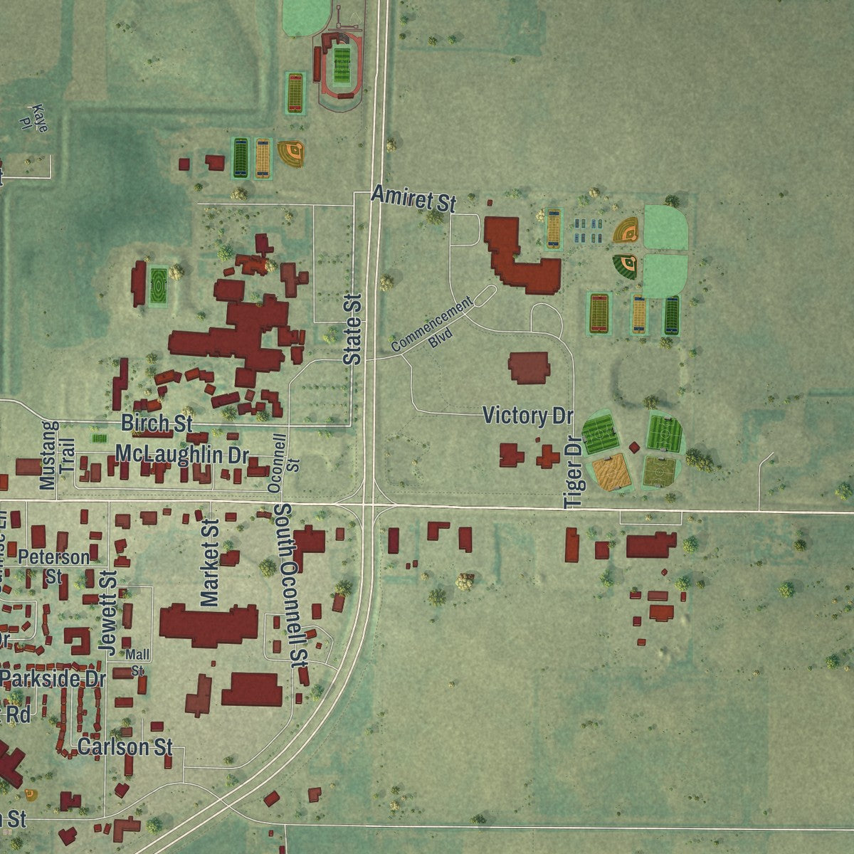Second close-up of the map of Marshall, Minnesota print showing more streets and buildings