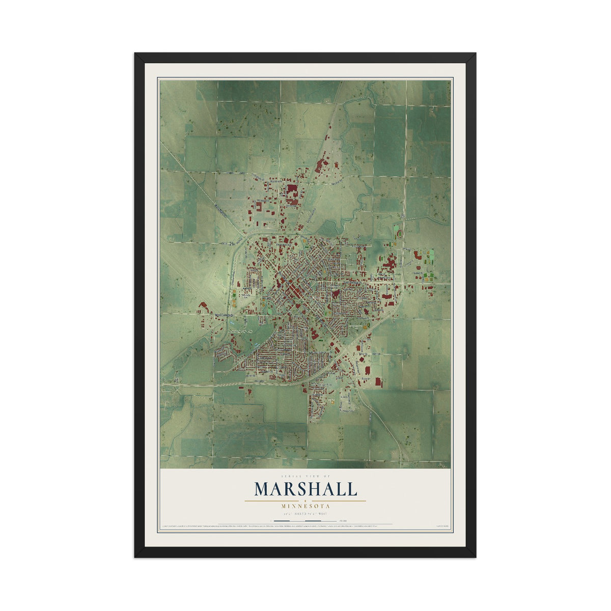 Map of Marshall, Minnesota, 12 x 18 inch print in a black wood frame