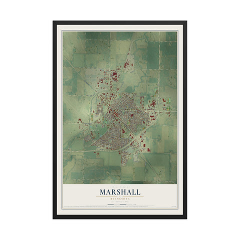 Map of Marshall, Minnesota, 12 x 18 inch print in a black wood frame
