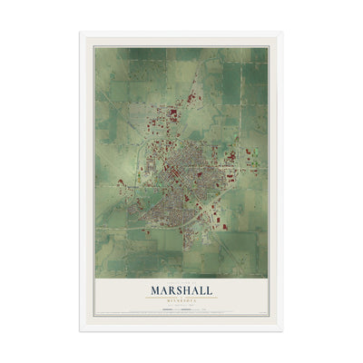 Map of Marshall, Minnesota, 12 x 18 inch print in a white wood frame