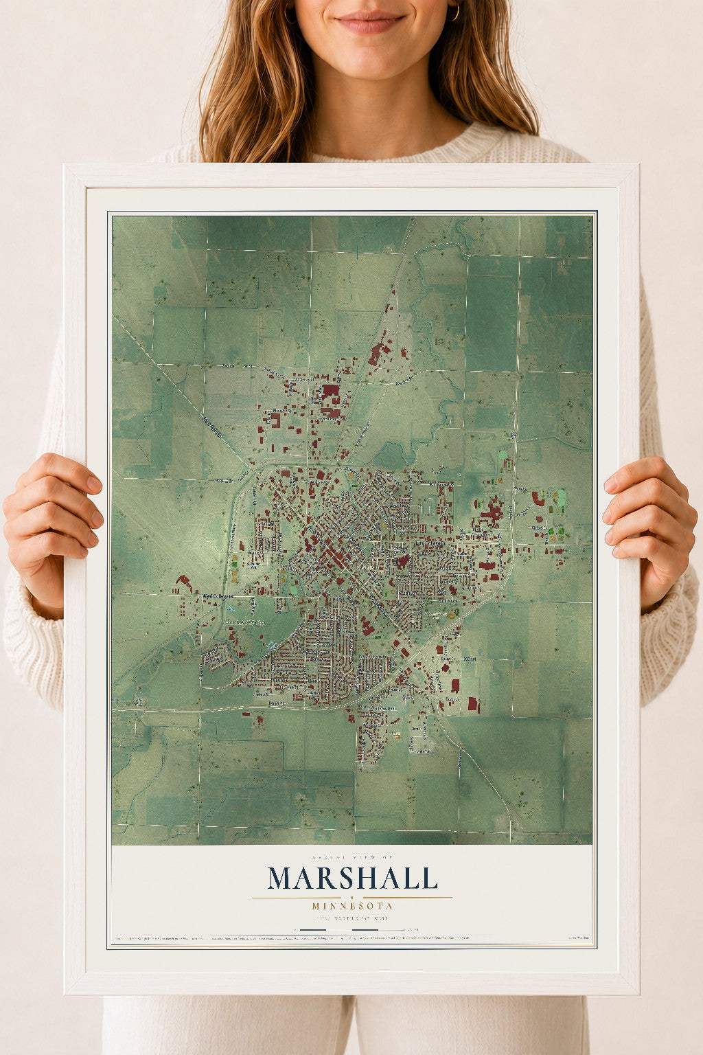 Map of Marshall, Minnesota, 18 x 24 inch print in a white wood frame