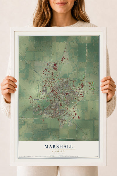 Map of Marshall, Minnesota, 18 x 24 inch print in a white wood frame