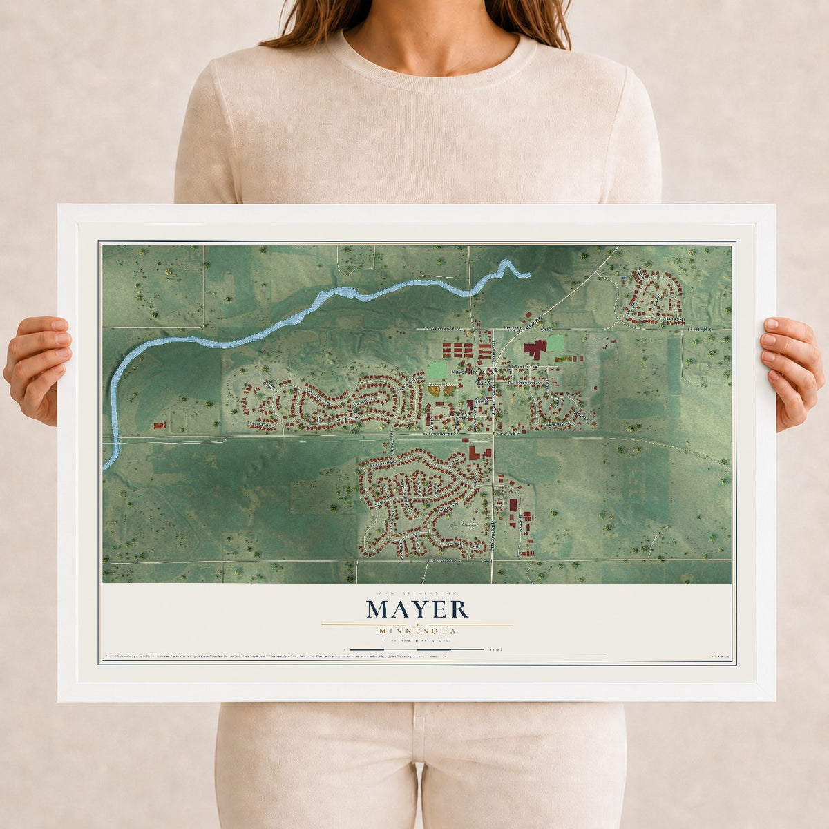 Map of Mayer, Minnesota, 12 x 18 inch print in a white wood frame