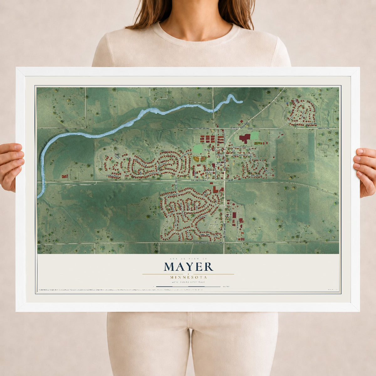 Map of Mayer, Minnesota, 18 x 24 inch print in a white wood frame