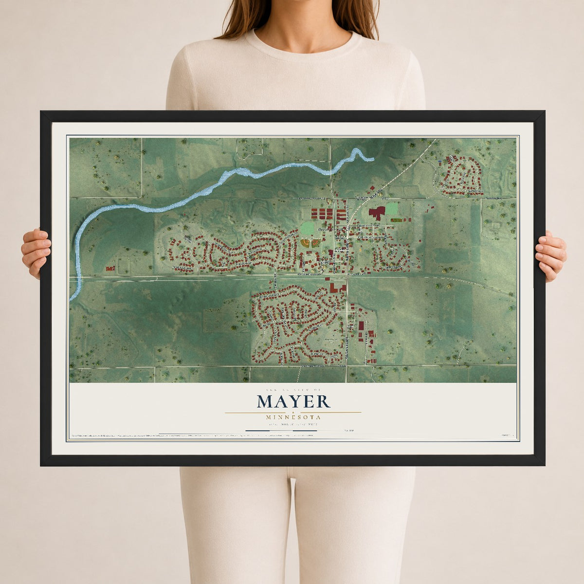 Map of Mayer, Minnesota, 24 x 36 inch print in a black wood frame