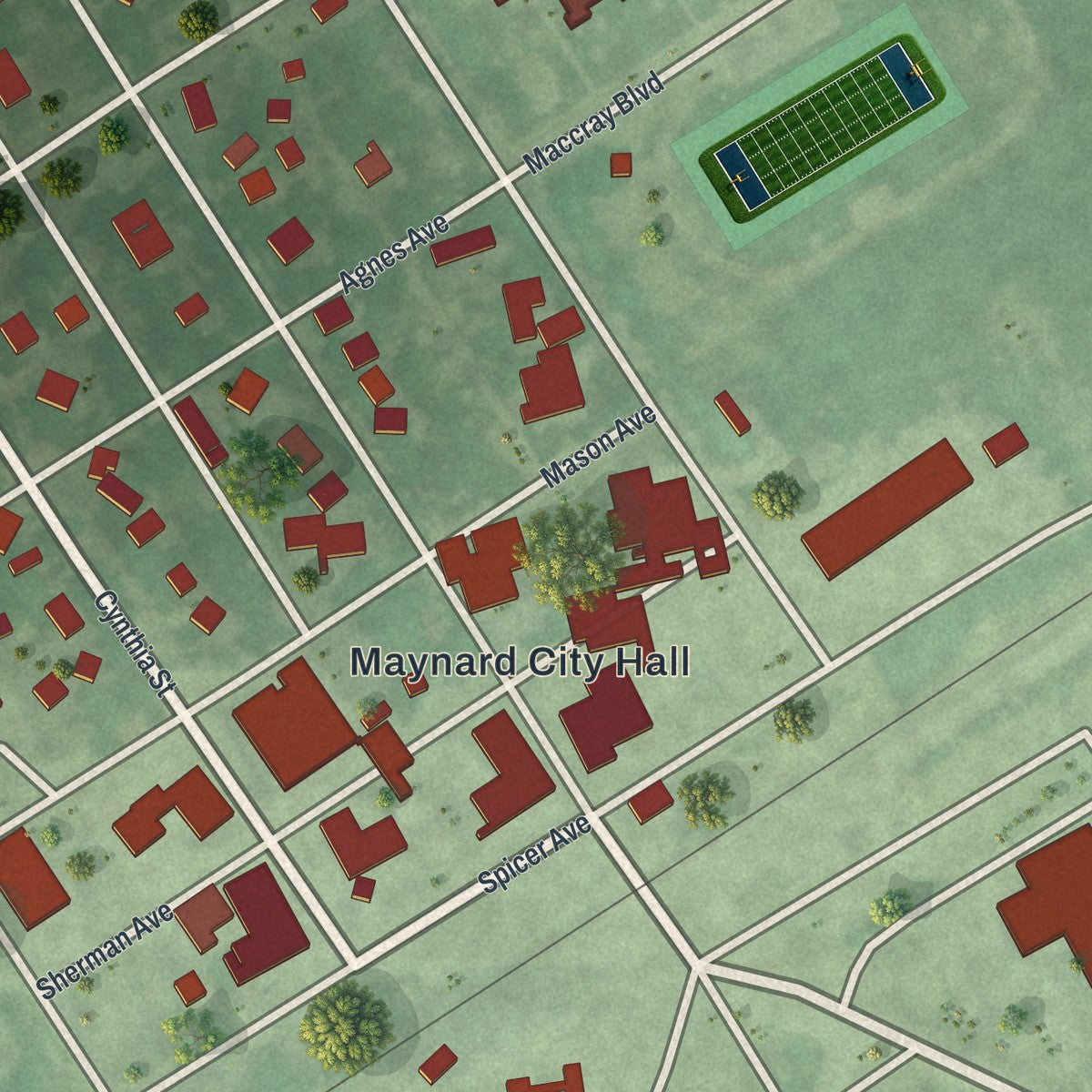 Close-up of the map of Maynard, Minnesota print showing street and building detail