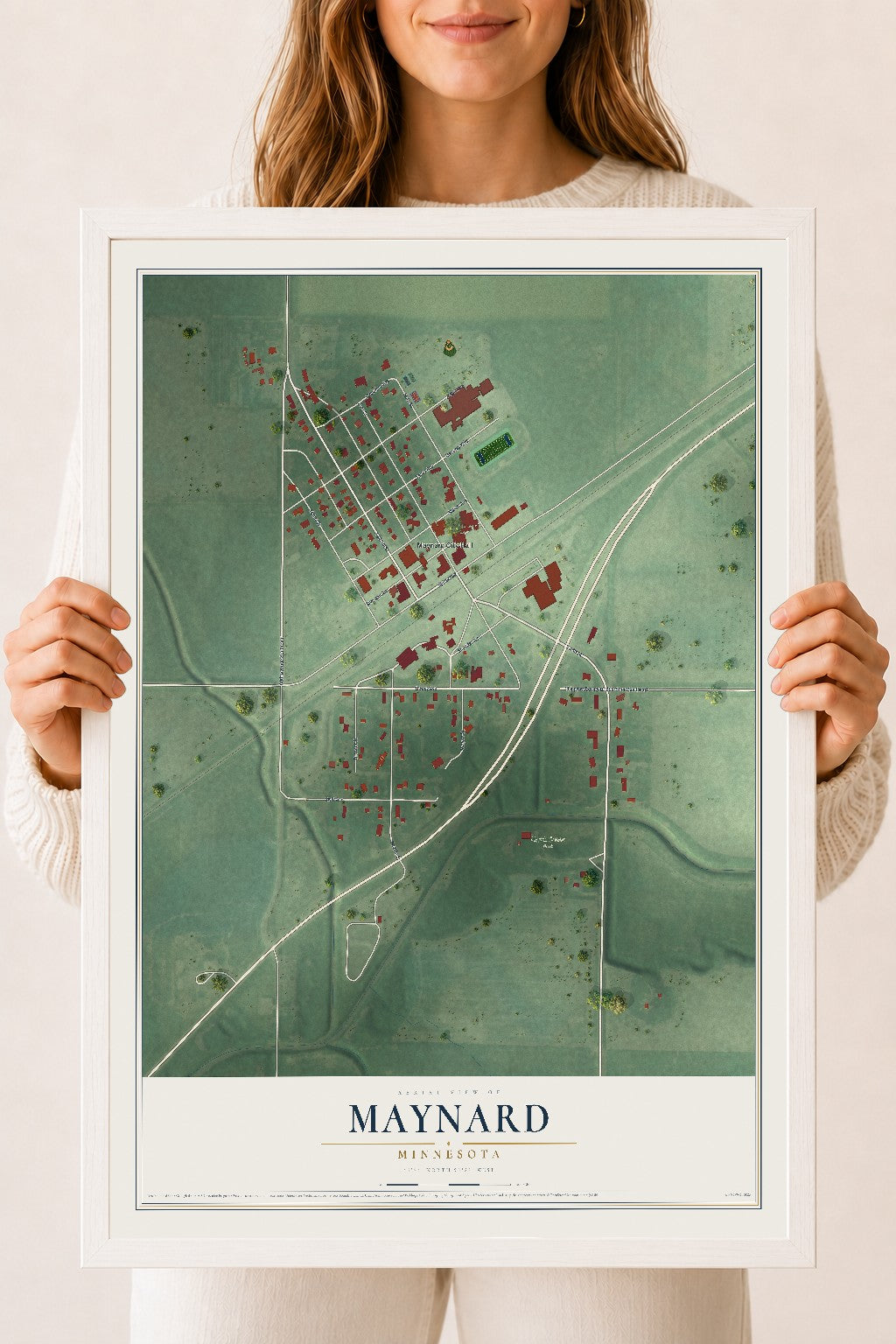 Map of Maynard, Minnesota, 18 x 24 inch print in a white wood frame