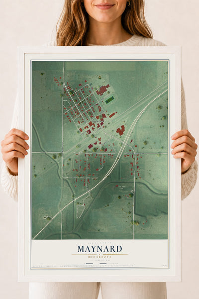 Map of Maynard, Minnesota, 18 x 24 inch print in a white wood frame