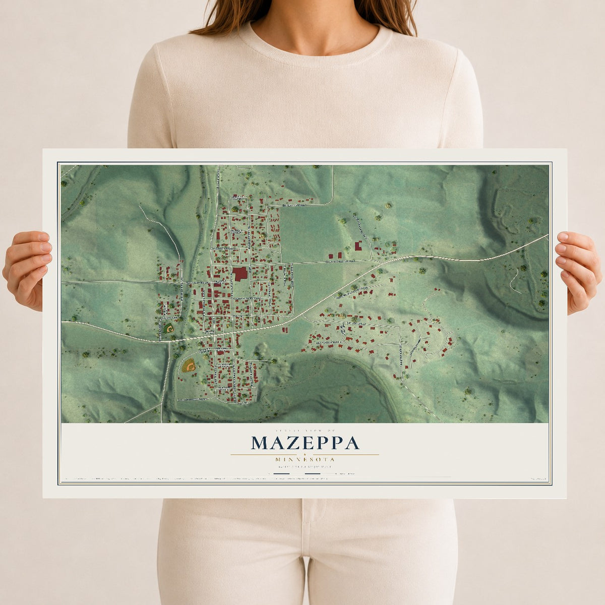 Map of Mazeppa, Minnesota, 12 x 18 inch unframed archival matte print