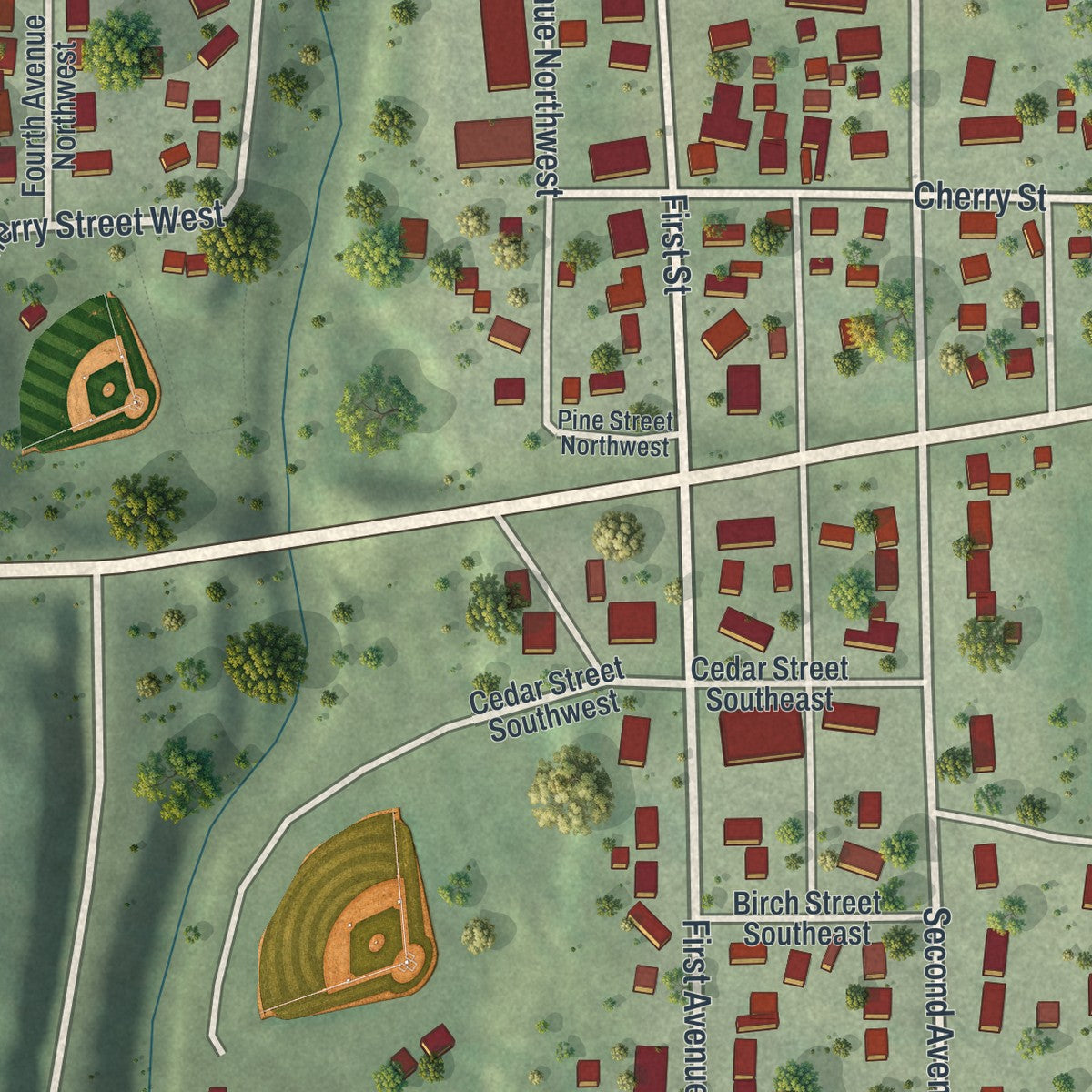 Close-up of the map of Mazeppa, Minnesota print showing street and building detail