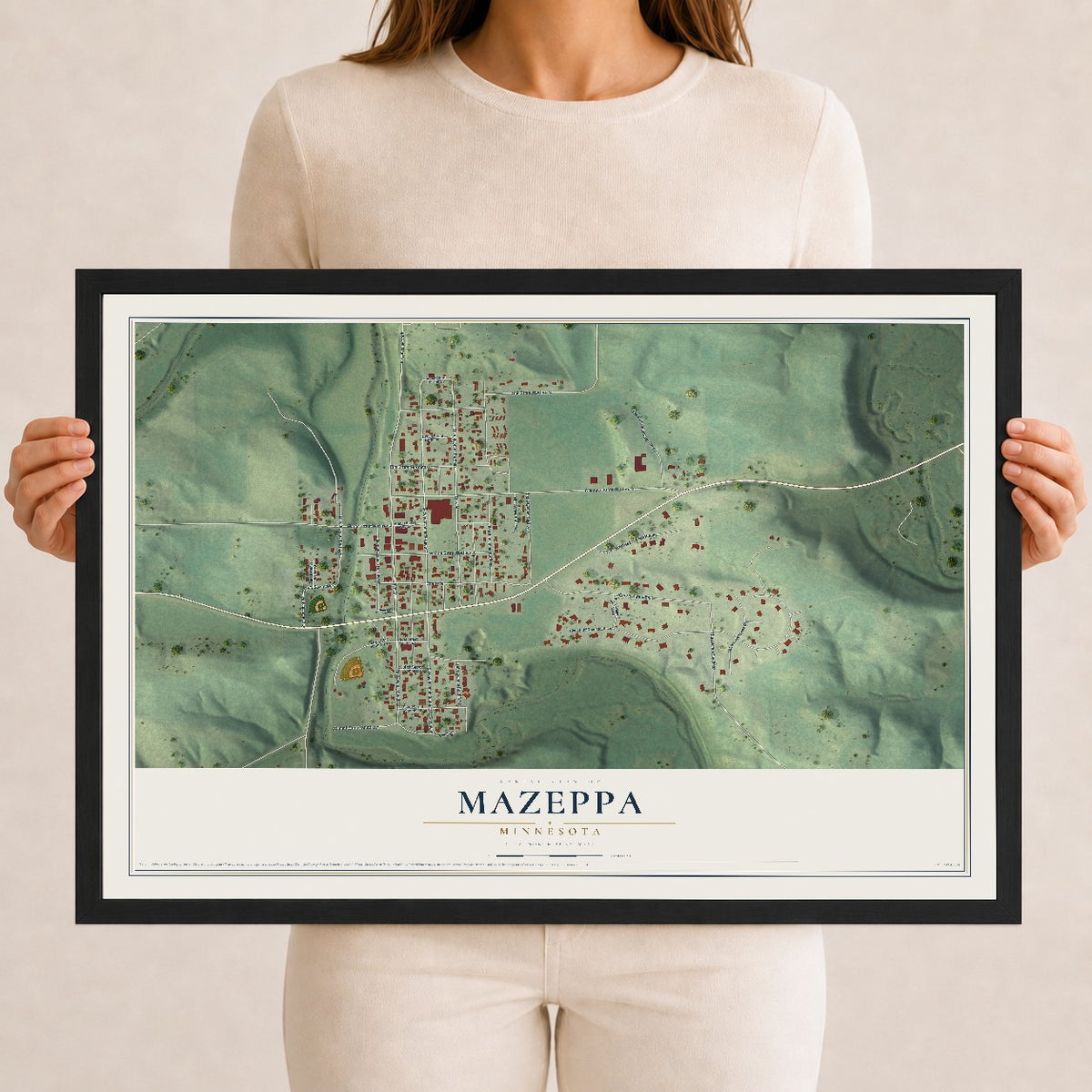 Map of Mazeppa, Minnesota, 12 x 18 inch print in a black wood frame