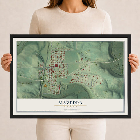 Map of Mazeppa, Minnesota, 12 x 18 inch print in a black wood frame