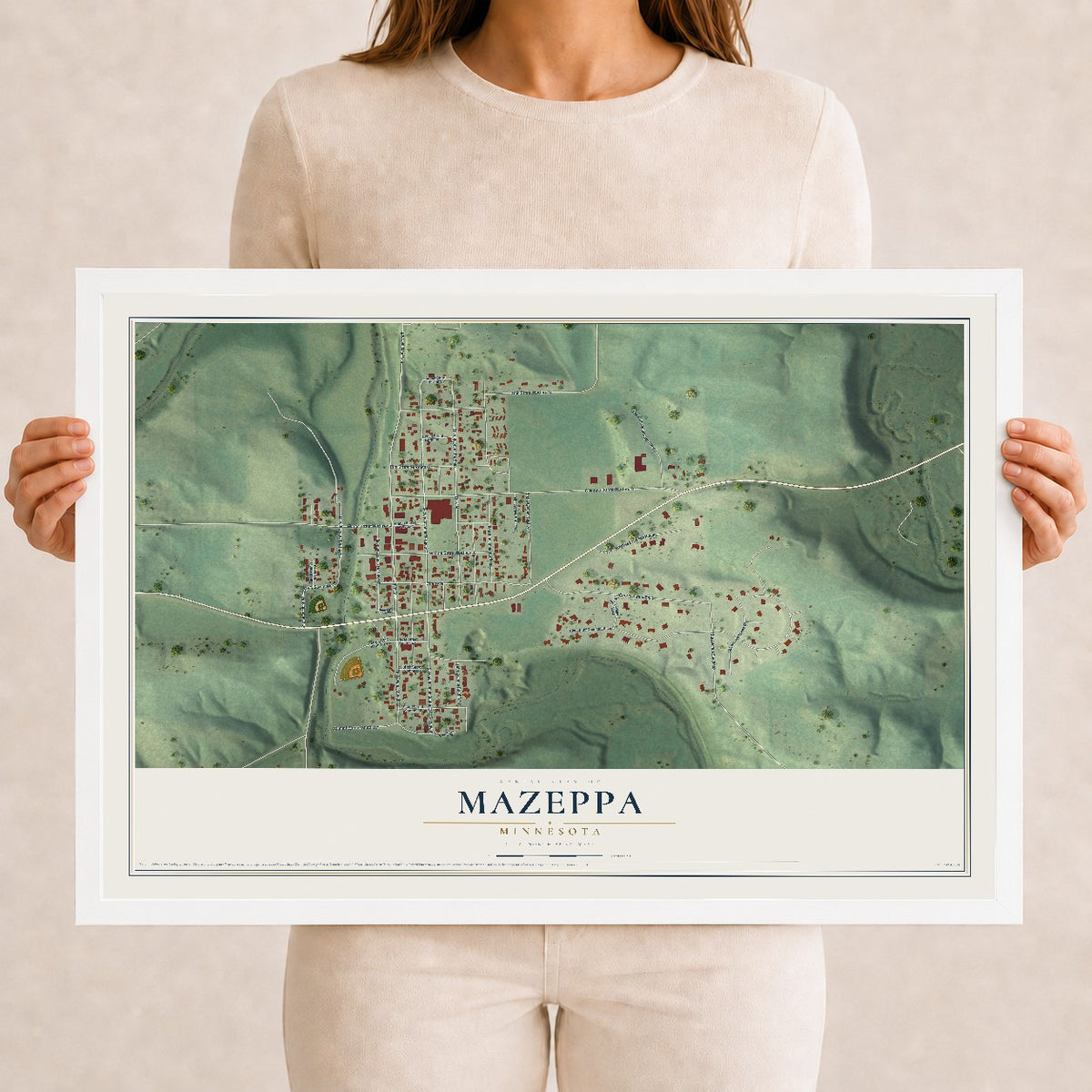 Map of Mazeppa, Minnesota, 12 x 18 inch print in a white wood frame
