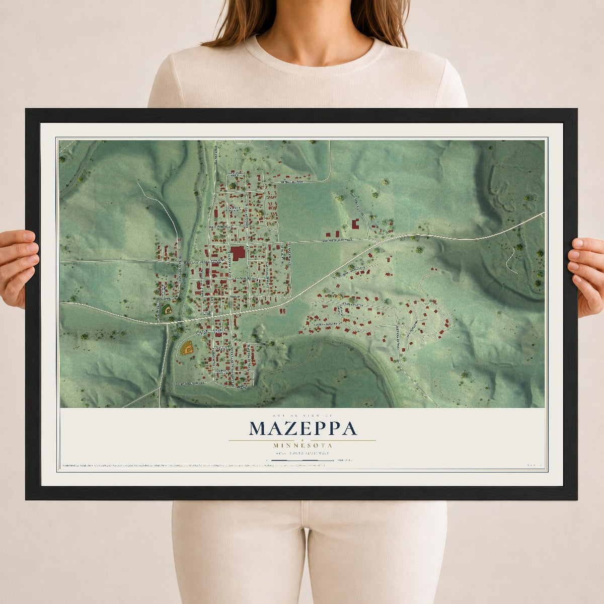Map of Mazeppa, Minnesota, 18 x 24 inch print in a black wood frame