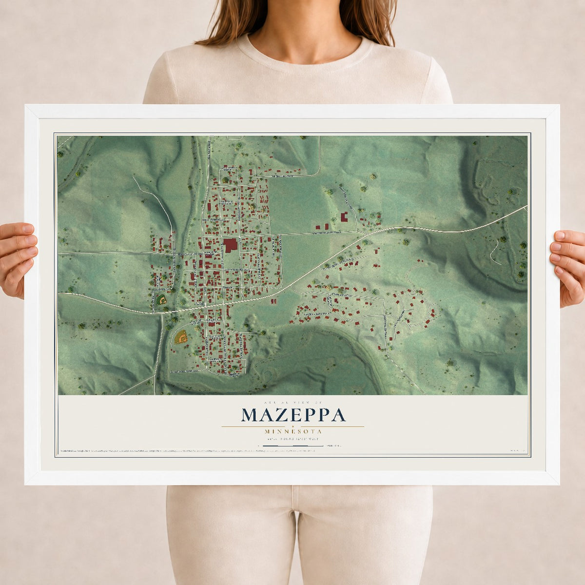 Map of Mazeppa, Minnesota, 18 x 24 inch print in a white wood frame