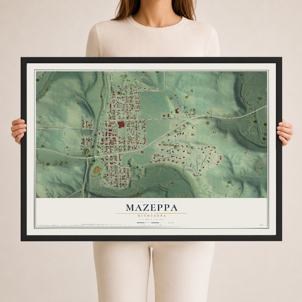 Map of Mazeppa, Minnesota, 24 x 36 inch print in a black wood frame
